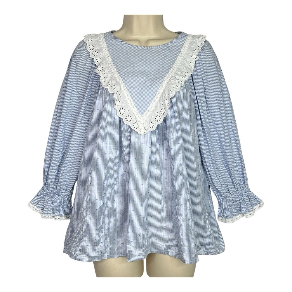 Brooks Brothers Blue White Stripe Eyelet Ruffle Blouse Women's S Cotton Coquette